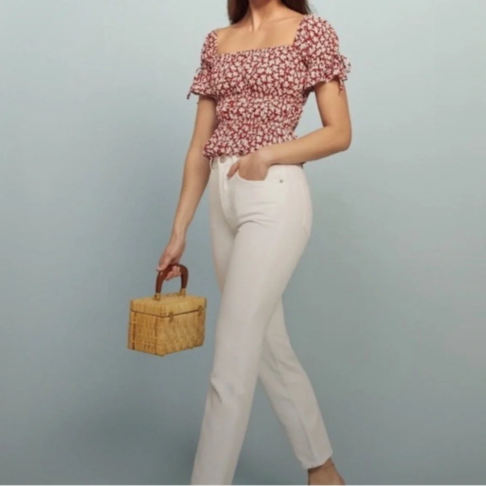 Reformation Red Floral Smocked Peplum Top